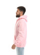 © Pixel-Shot - Handsome man in pink hoodie on white background