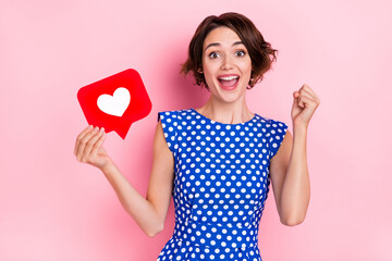 Poster - Photo of hooray young brunette lady hold like yell wear blue blouse isolated on pink color background