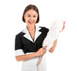 Portrait of beautiful chambermaid with pp duster on white background