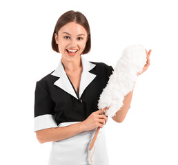 Canvas Print - Portrait of beautiful chambermaid with pp duster on white background