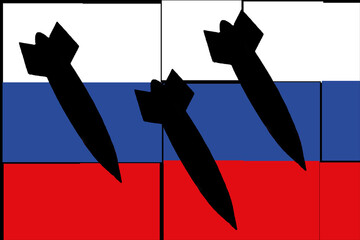 Wall Mural - Russia. Nuclear weapons. Russia flag with nuclear weapons symbol with missile silhouette. Illustration of the flag of Rusia. Horizontal design. Ukraine. Jerson. Stop the fire. 36 hours.