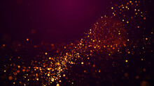 Golden Red Glow Particles Flicker And Float In Viscous Liquid With Amazing Bokeh. Fantastic Background. Gold Magical Sparkles Of Light Form Abstract Structures. 3d Render