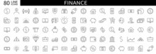 Set Of 55 Finance Icons. Business And Finance Web Icons. Vector Business And Finance Editable Stroke Line Icon Set With Money, Bank, Check, Law, Auction, Exchance, Payment. Vector Illustration.