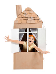 Sticker - Funny little girl playing with cardboard house on white background