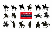Set Of Horse Warrior Silhouette, Knights And Medieval Warriors On Horseback Detailed Silhouettes. 