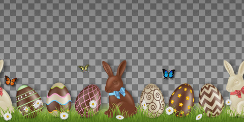 Wall Mural - Seamless easter banner with chocolate eggs and rabbits