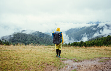 The back of a male tourist in a yellow raincoat walks on a meadow in the mountains against the backdrop of mountain views with clouds in the rainforest.Ukrainian Carpathian Mountains.