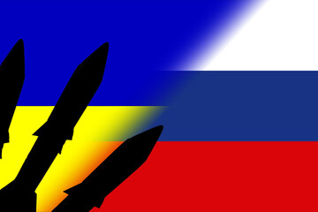 Wall Mural - Ukraine. Russia. Nuclear weapons. Russia flag and Ukrainian flag with nuclear weapons symbol with missile silhouette. Illustration of the flag of Russia and Ukraine. Jerson. Stop the fire. 36 hours.