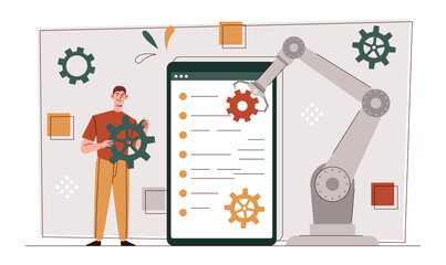 Digital era concept. Man with gear in his hands on background of smartphone. Metaphor of technical support and programmer. Modern technologies and innovations. Cartoon flat vector illustration