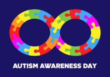 World Autism Day. Infinity Symbol Puzzle Pieces Colorful Vector. Isolated On Purple Background.