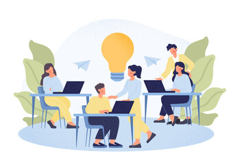 Wall Mural - work in company. characters in office, managers at computers. brainstorming, idea and creativity. co