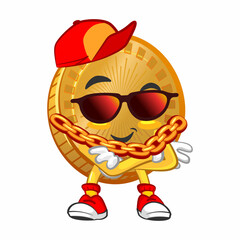 Wall Mural - vector cartoon illustration of cute coin mascot being rapper with hip-hop stylish sunglasses and golden chain