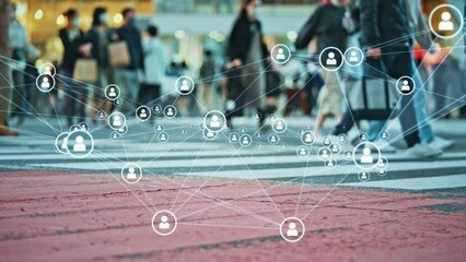 Poster - City crowds and communication network concept. IoT (Internet of Things). Digital transformation.