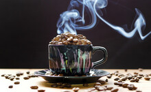 Coffee Beans In A Symbolic Cup With Smoke As A Concept Idea