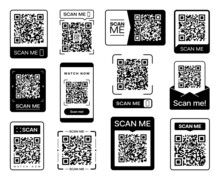 Scan Me QR Code Sticker Icons For Phone Barcode Scanner, Vector Qrcode For Mobile Smartphone. QR Code With Scan Me Tag For App Or Web Button To Watch Now Video Or Internet And Website Link
