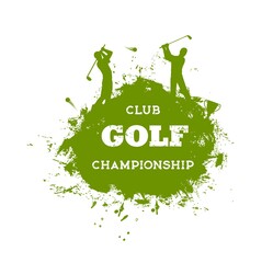 Wall Mural - Golf players silhouettes, grunge sport banner with people hitting a ball with club. Vector green grungy spot and golfer. Isolated banner for sports championship or tournament
