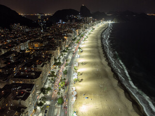 Copacabana beach in nighttime content, Rio de Janeiro, Brazil. Beautiful seaside town with old white buildings. Drone aerial view.