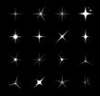 Star sparkle and twinkle, star burst and flash. Isolated vector glitter, bright light, magic shine, spark, flare or glow of white stars on black background, starburst or explosion glare effects