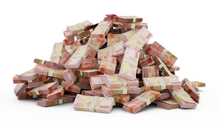 Big pile of Indonesian Rupiah notes a lot of money over white background. 3d rendering of bundles of cash