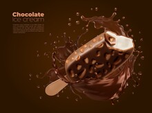 Realistic Chocolate Splash And Ice Cream. Vector Ad Poster With Bite Choco Popsicle With Nuts And Liquid Swirl. Icecream On Stick With Brown Sauce. Sweet Creamy Dessert, Dairy Frozen Summer Food