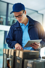 Leinwandbilder - Double checking all his deliveries. Shot of a courier using a digital tablet while sorting through boxes for delivery.