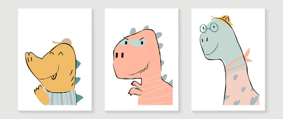 Kids and cute wall art vector collection. Funny and lovely design with cute dinosaur. minimal design for bedroom and home decoration pictures. kids cover background template.