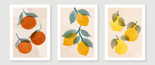 Abstract Fruit Wall Art Set. Collection Of Minimal Drawing With Branches, Oranges, Lemon And Citrus. Spring Season Watercolor Perfect For Decoration, Interior, Background, Wallpaper.