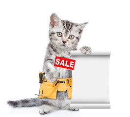 Poster - Funny cat worker wearing toolbelt shows sales symbol and empty list.  Isolated on white background