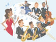 Jazz band performing with musical instruments. Jazz musicians: tenor sax, alto sax, trombone, trumpet, piano, double bass, drums, and singer. Vector illustration in flat cartoon style.