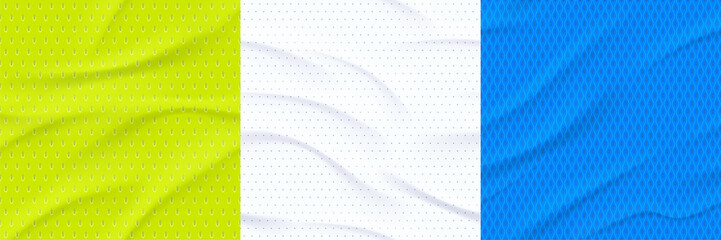 Textures of sports jersey, athletic shirt material. Vector realistic set of seamless patterns of modern mesh textile for sport wear. Abstract background with cloth surface with wrinkles