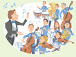 Classical music orchestra and a conductor performing. Musicians: violinist, cellist, flutist, oboist, hornist, contrabassist, tubist, timpanist, conductor. Vector illustration in flat cartoon style.