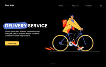 Delivery Service Cartoon Landing Page, Man On Bicycle Deliver Goods. Correspondence, Mail, Documents, Food, Parcels Express Shipping, Order Transportation To Customers, Line Art Flat Vector Web Banner