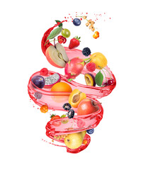 Wall Mural - Different fruits and berries with splashes of juice in a swirling shape