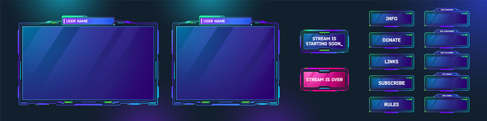 Game streaming panels and buttons in sci fi style. Vector cartoon set of live stream displays with techno borders for webcam video app. Ui design elements for show gaming process