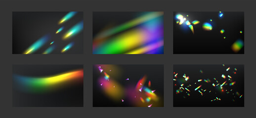 Wall Mural - lens flare, light leaks effects. rainbow streaks and glare on black background. vector realistic ill