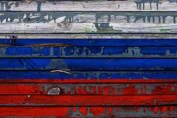 Wall Mural - The national flag of Russia. is painted on uneven boards. Country symbol.