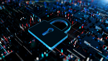 Wall Mural - Padlock Icon On Circuit Board, Cyber Security Digital Data Network Protection, Future Technology Digital Data Network Connection, Digital Cyberspace Abstract Background Concept. 3d rendering