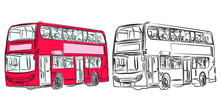 London Double-decker Modern Bus In Red And Pencil Drawing With Front View. Red Bus.