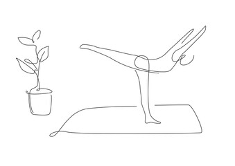 Wall Mural - Pilates one line pose. Yoga Warrior III asana. vector woman stretching line art.