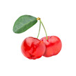 Red acerola cherry with green leaf isolated on white background.
