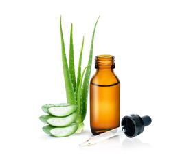 Wall Mural - Aloe Vera essential oil extract with Aloevera leaf and aloe gel isolated on white background.