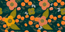 Orange Floral And Seamless Pattern Set. Modern Design For Paper, Cover, Fabric, Interior Decor And Other Users.