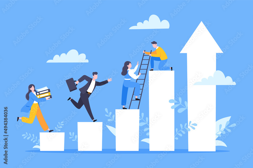 Business mentor helping colleagues climb steps to success, symbolizing career development