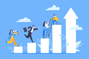 business mentor helps to improve career and holding stairs steps vector illustration. mentorship, up