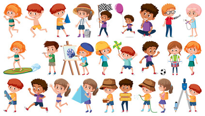 Poster - Set of children doing different activities on white background