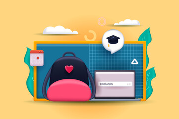 Poster - Education concept 3D illustration. Icon composition with school, college or university education, online courses at laptop, studying at classroom lessons. Vector illustration for modern web design