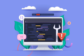 programming concept 3d illustration. icon composition with coding and testing on computer screen, de