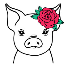 Cute Pig Line Art. Pig With Rose. Piggy Sketch Vector Illustration. Good For Posters, T Shirts, Postcards.