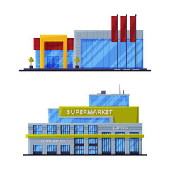 Canvas Print - Shopping mall or supermarket buildings set cartoon vector illustration