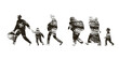  silhouettes of fleeing people. Black and white textured vector illustration